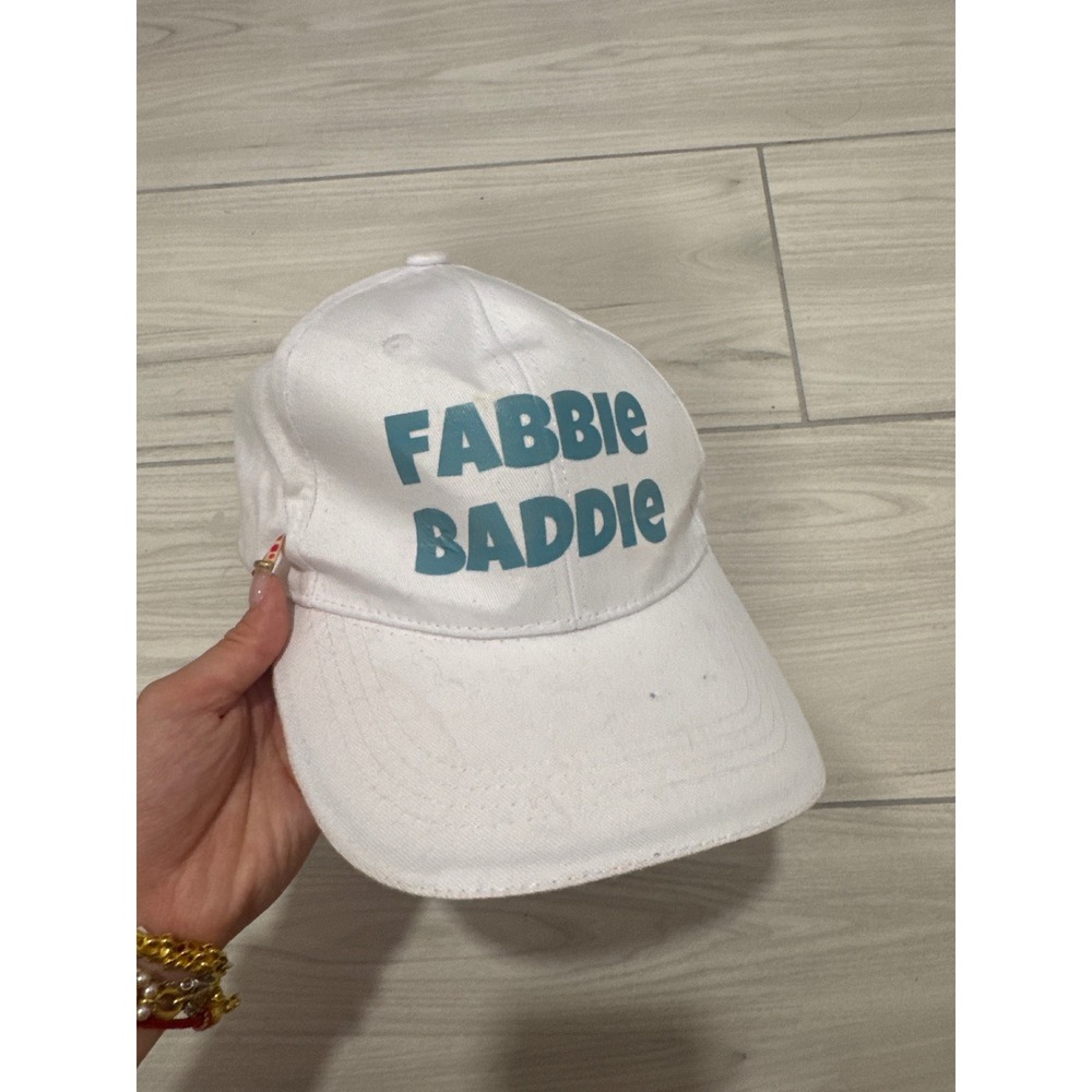 Fabbie Baddie White Baseball Cap Teal Graphic Adjustable Hat Stain